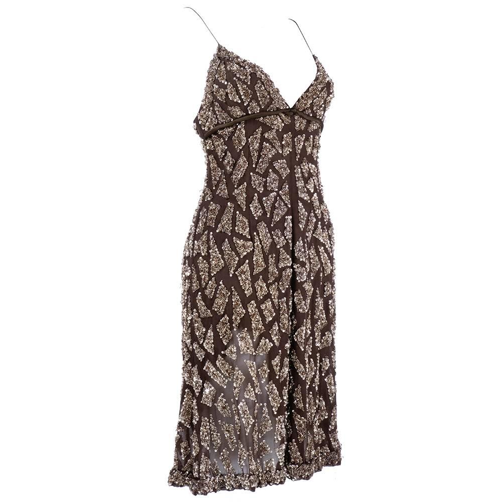 Black Valentino 1990s Brown Silk Sequin Slip Dress
