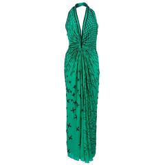 Fabrice 1980s Green Beaded Halter Gown