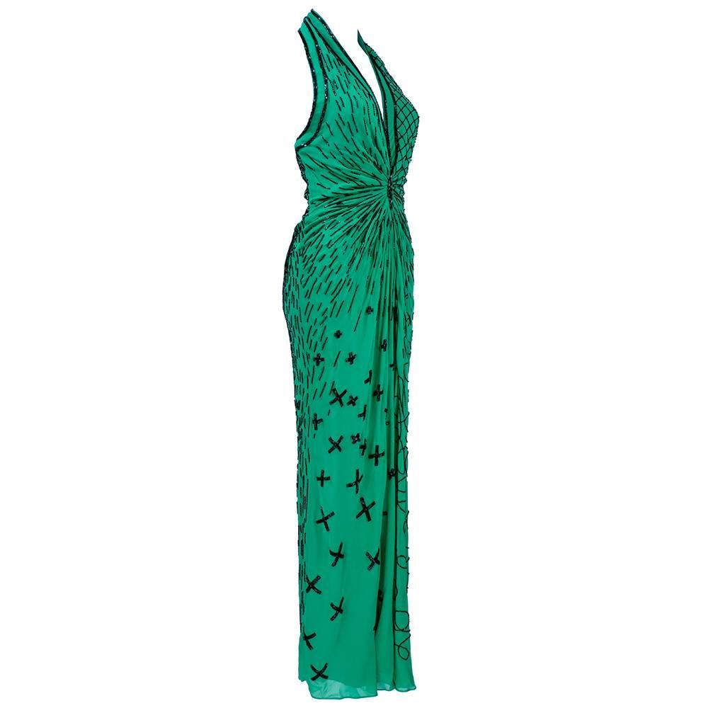 Fabrice 1980s Green Beaded Halter Gown In Excellent Condition In Los Angeles, CA