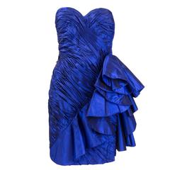 Vicky Tiel 1980s Couture Electric Blue Strapless Cocktail Dress