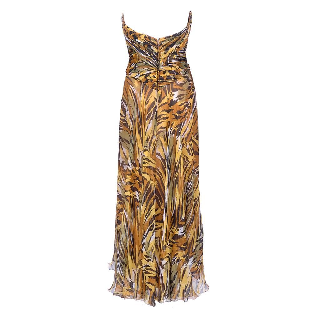 1980s wonderful silk animal print strapless dress with shirred bodice and full skirt by Vicky Tiel Couture. Fully lined.