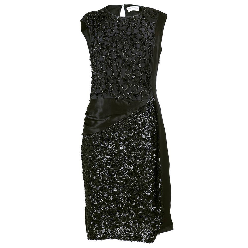 Dries Van Noten 2000s Black Beaded Cocktail Dress For Sale
