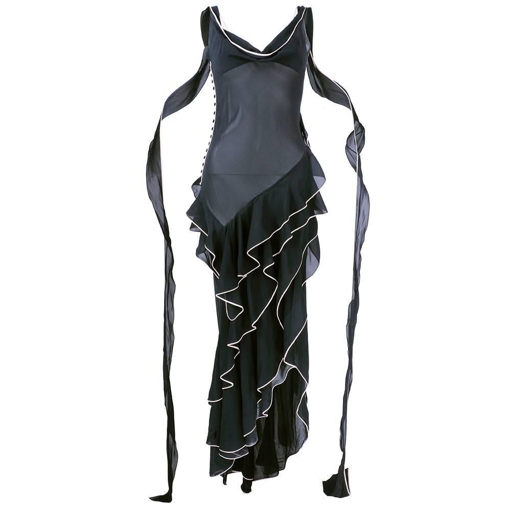 1990s Black Chiffon Flamenco Style Dress In Excellent Condition In Los Angeles, CA