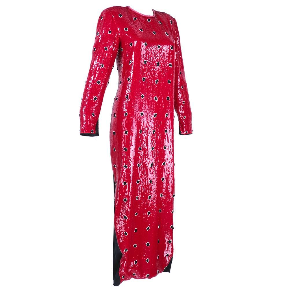 Geoffrey Beene Iconic 80s Red and Black Sequin Column Gown