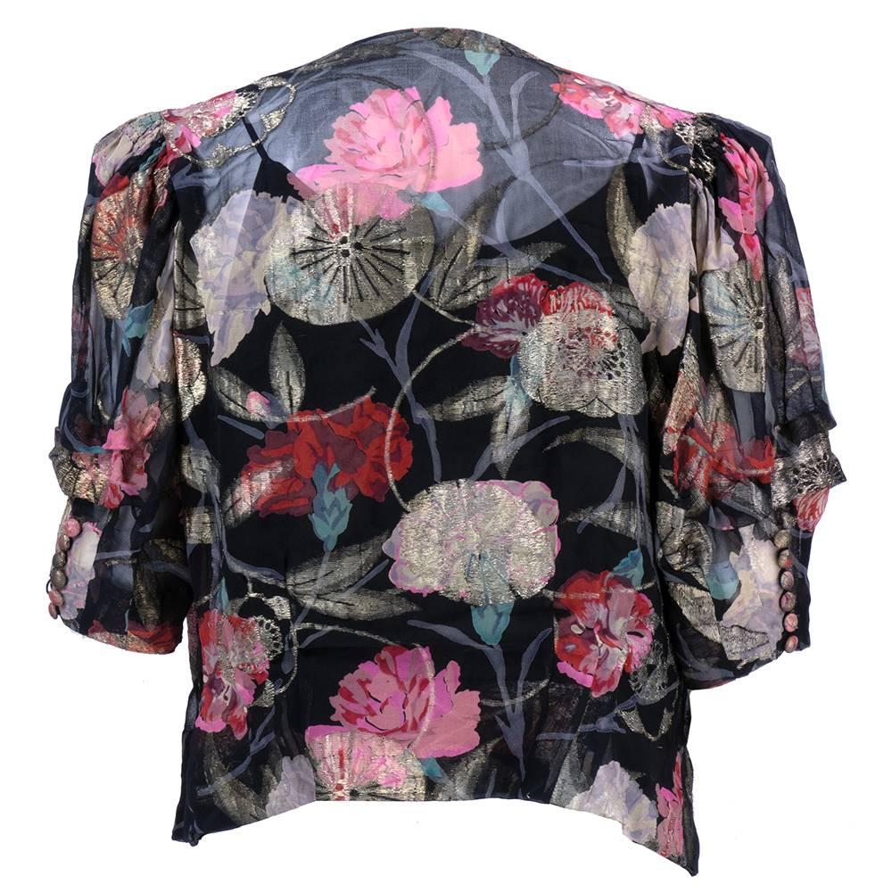 Goegeous and dramatic 1930s lame floral blouse with squared neckline and semi-banded waist. shirring and drape details. Slightly full sleeves.