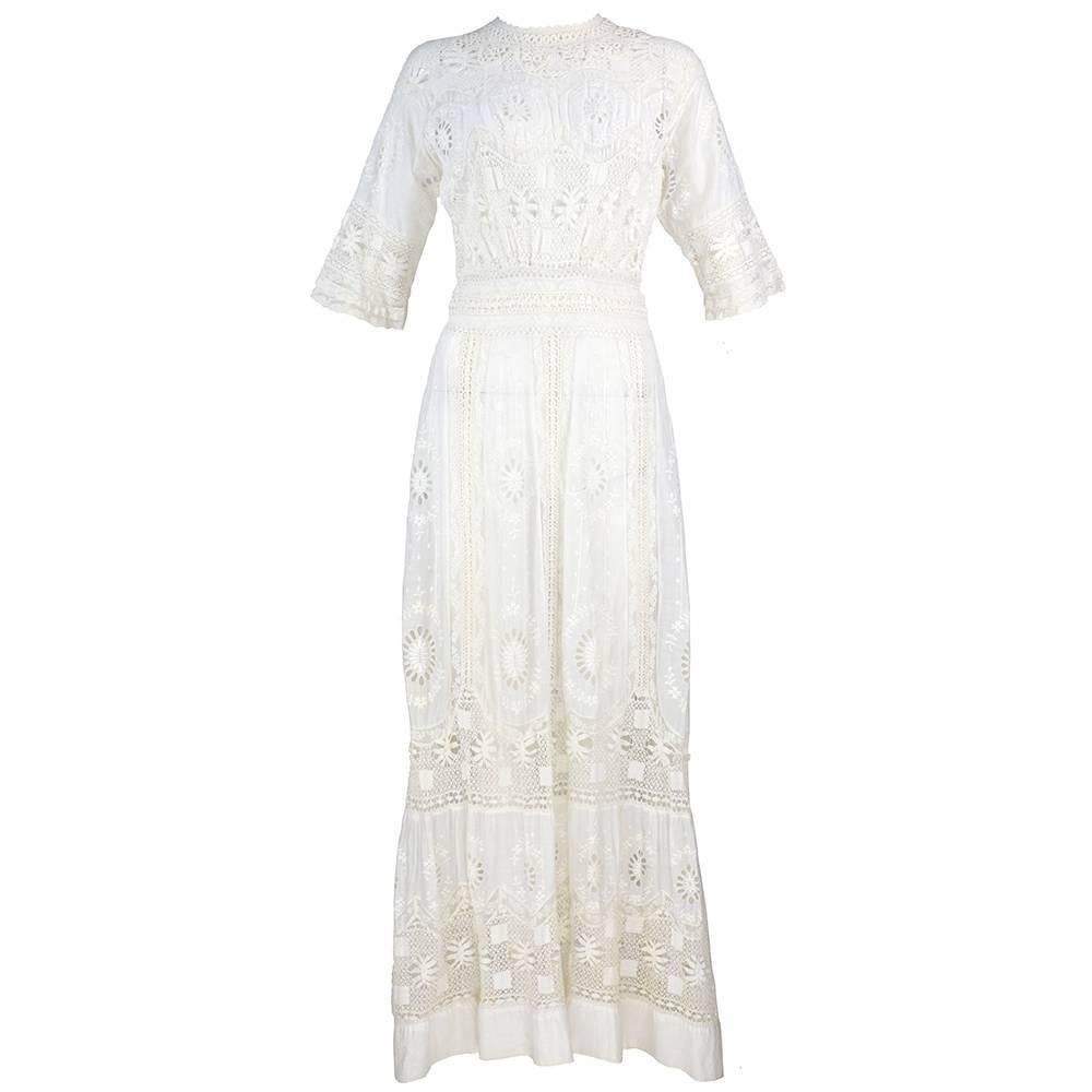 Edwardian White Cotton Lace and Embroidered Lawn Dress