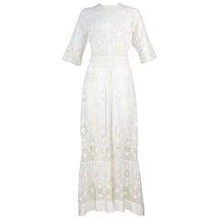 Antique Edwardian White Cotton Lace and Embroidered Lawn Dress