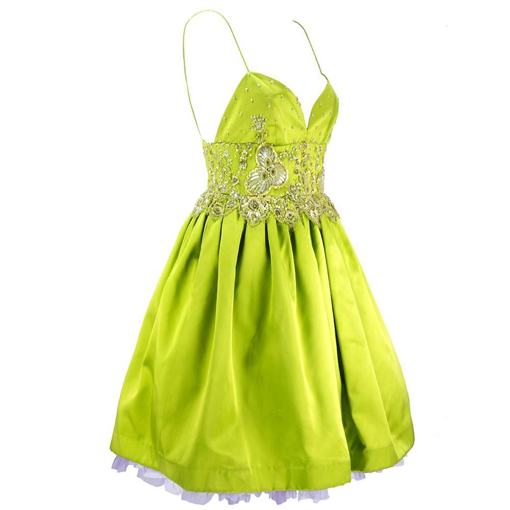 Yellow Bill Blass 1990s Chartreuse Baby Doll Cocktail with Embellished Lace For Sale