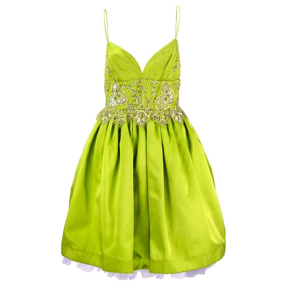 Bill Blass 1990s Chartreuse Baby Doll Cocktail with Embellished Lace For Sale