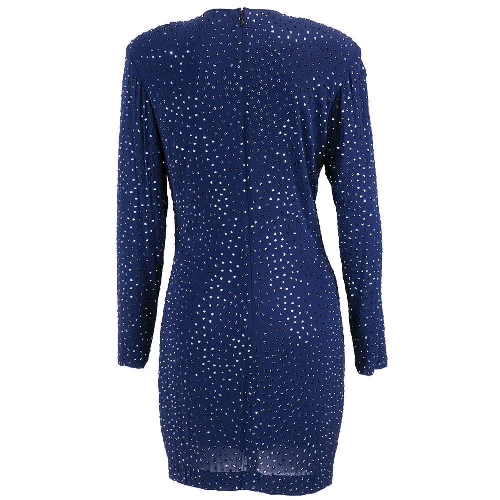 Pamela Dennis 1990s Blue Jersey Rhinestone Studded Cocktail Dress In Excellent Condition For Sale In Los Angeles, CA