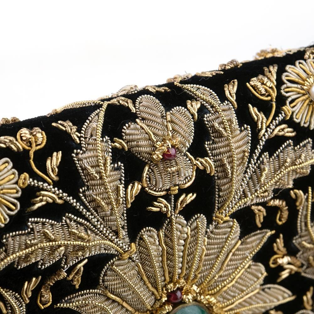 Mid Century Bullion Embroidered Black Velvet Clutch with Semi Precious Stones In Excellent Condition In Los Angeles, CA
