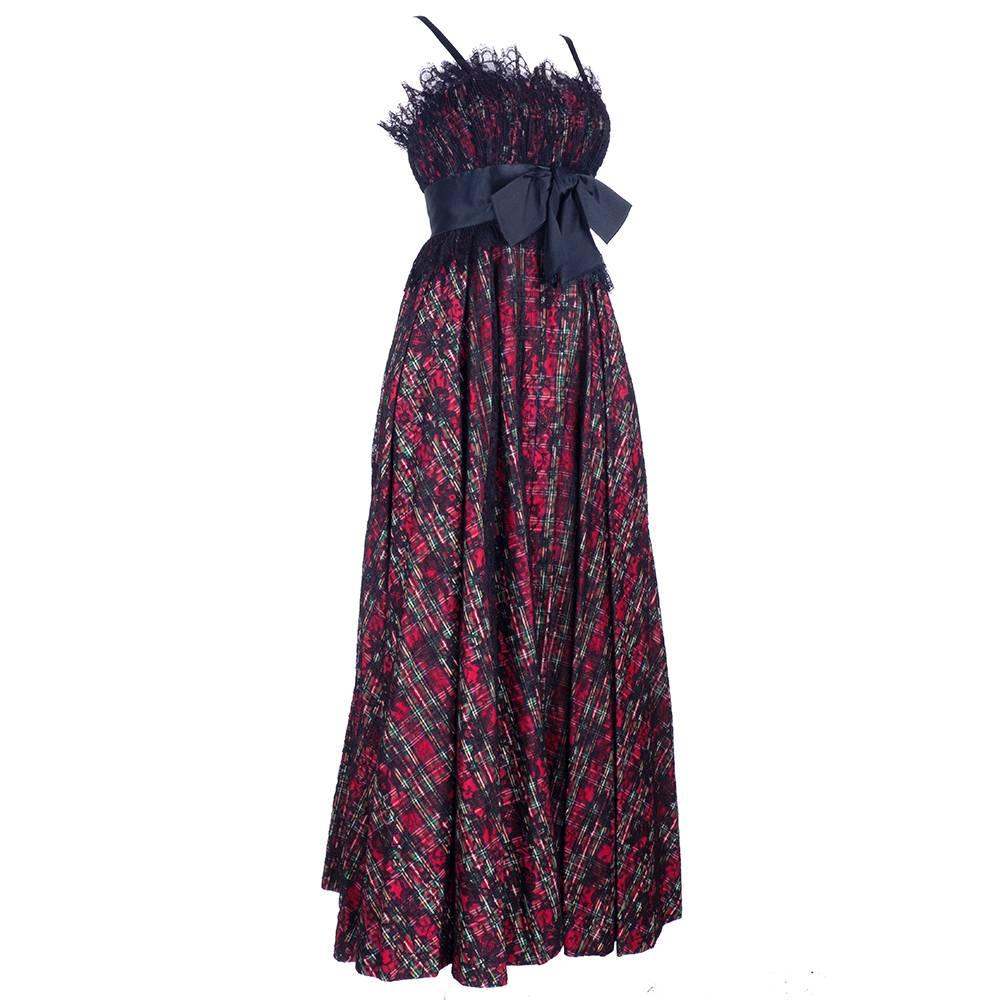 Geoffrey Beene Boutique Plaid Gown with Black Lace Overlay For Sale