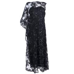 Stavropoulos 1970s Black Lace Gown Embellished with Sequins