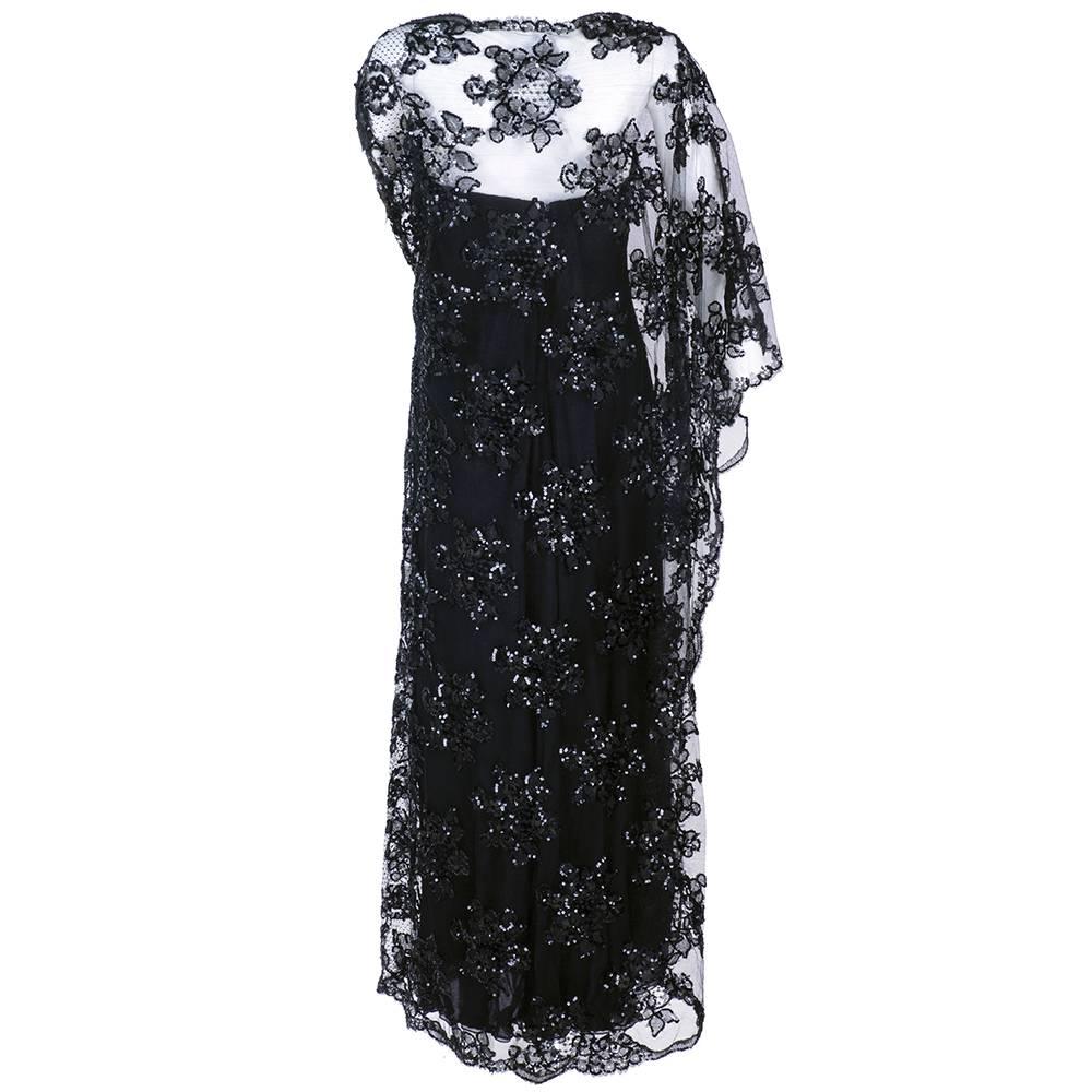 Stavropoulos 1970s Black Lace Gown Embellished with Sequins In Excellent Condition For Sale In Los Angeles, CA