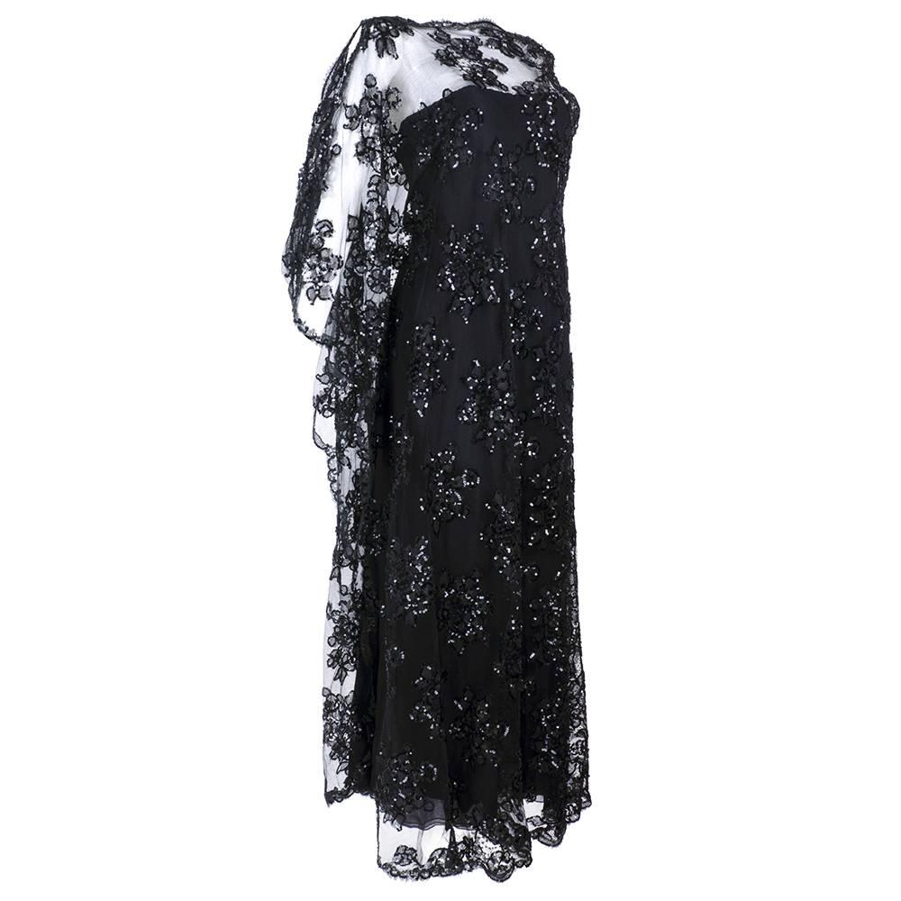 Stavropoulos 1970s Black Lace Gown Embellished with Sequins For Sale
