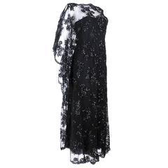 Stavropoulos 1970s Black Lace Gown Embellished with Sequins