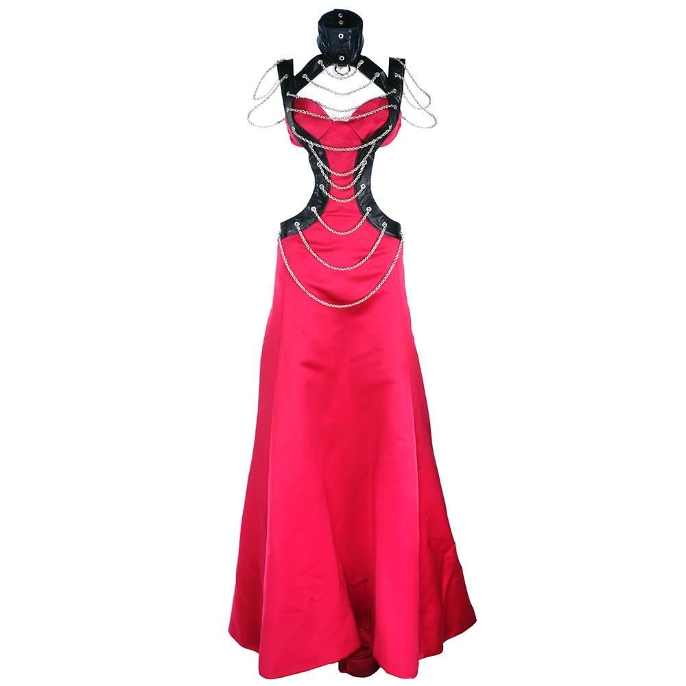 1990s Black Leather and Red Satin Fetish Gown For Sale