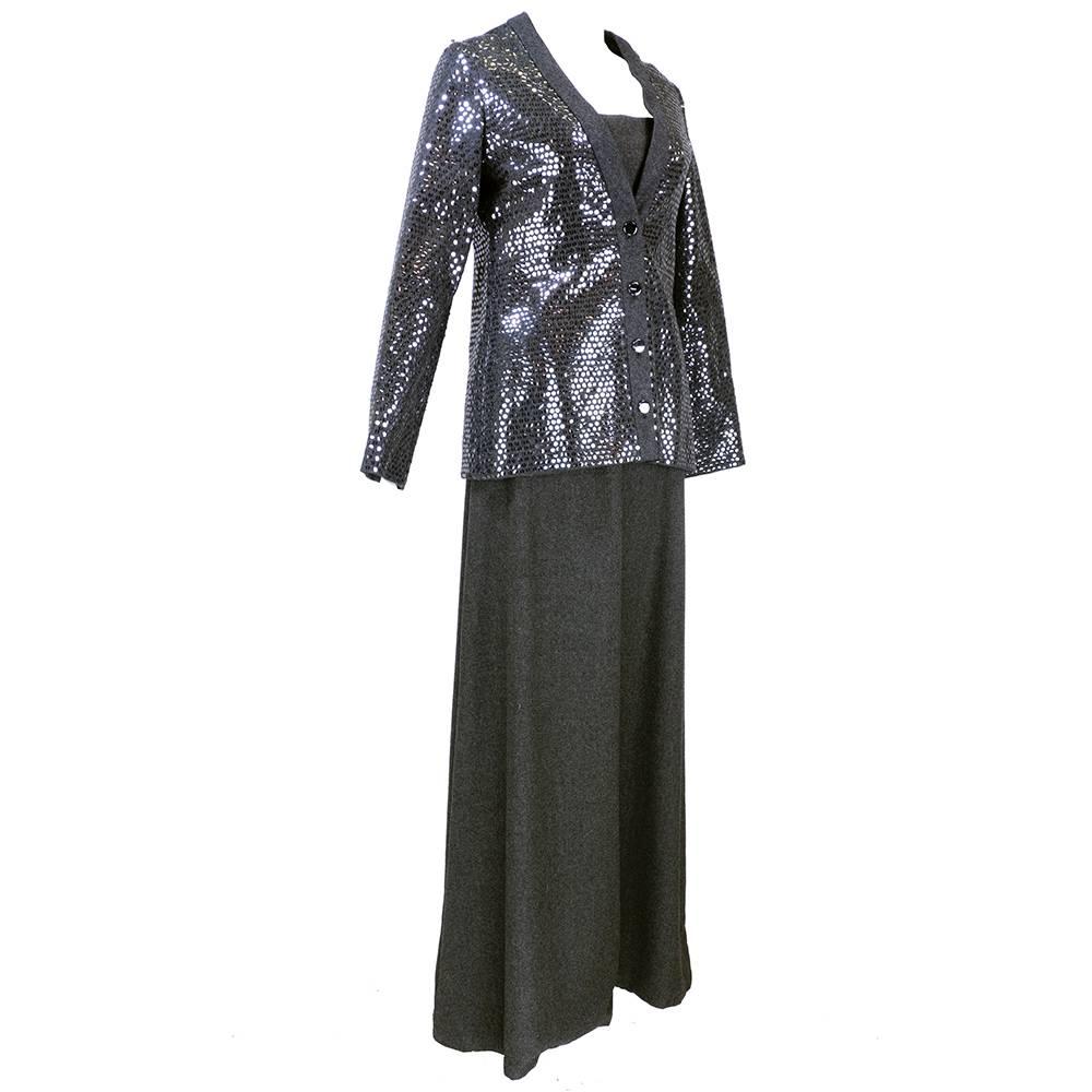 Black Galanos 60s  Grey Wool Gown with  Sequined Jacket For Sale