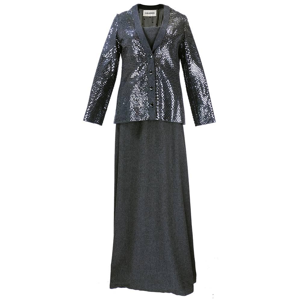 Galanos 60s  Grey Wool Gown with  Sequined Jacket For Sale
