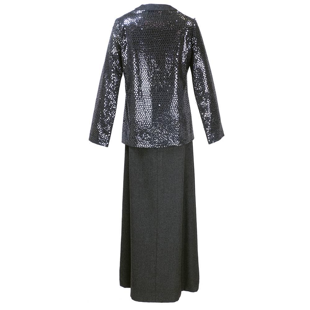 Galanos 60s  Grey Wool Gown with  Sequined Jacket In Excellent Condition For Sale In Los Angeles, CA