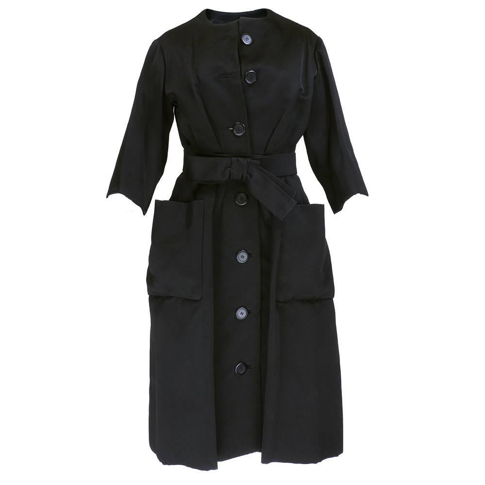 Christian Dior Haute Couture Spring/Summer 1959 Black Silk Faille Coat Dress  For Sale