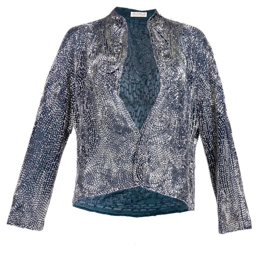 Halston 70s Fully Silver Bugle Beaded Jacket In Excellent Condition For Sale In Los Angeles, CA