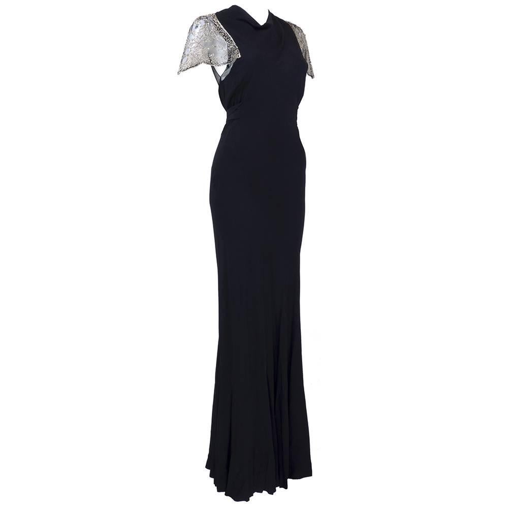 30s Black Crepe Bias Cut Gown In Excellent Condition For Sale In Los Angeles, CA