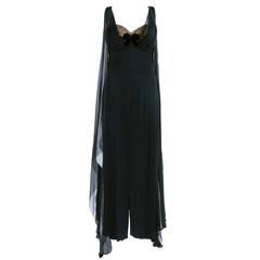 50s Black Silk Chiffon Gown with Lace and Velvet