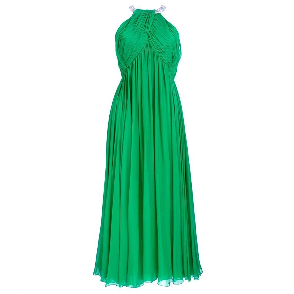 Malcom Starr 60s Green Chiffon Gown with Rhinestones For Sale