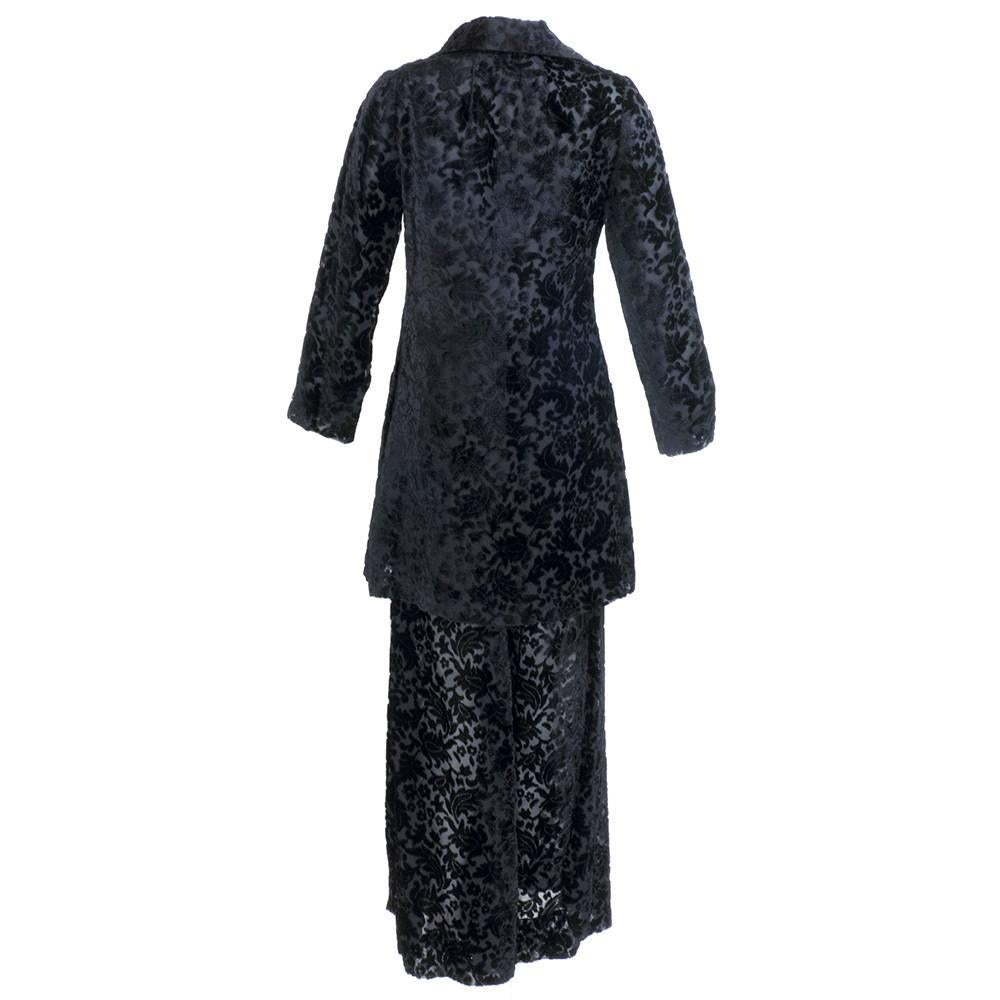 Thea Porter Couture 70s Sheer Black Velvet Pantsuit In Excellent Condition For Sale In Los Angeles, CA