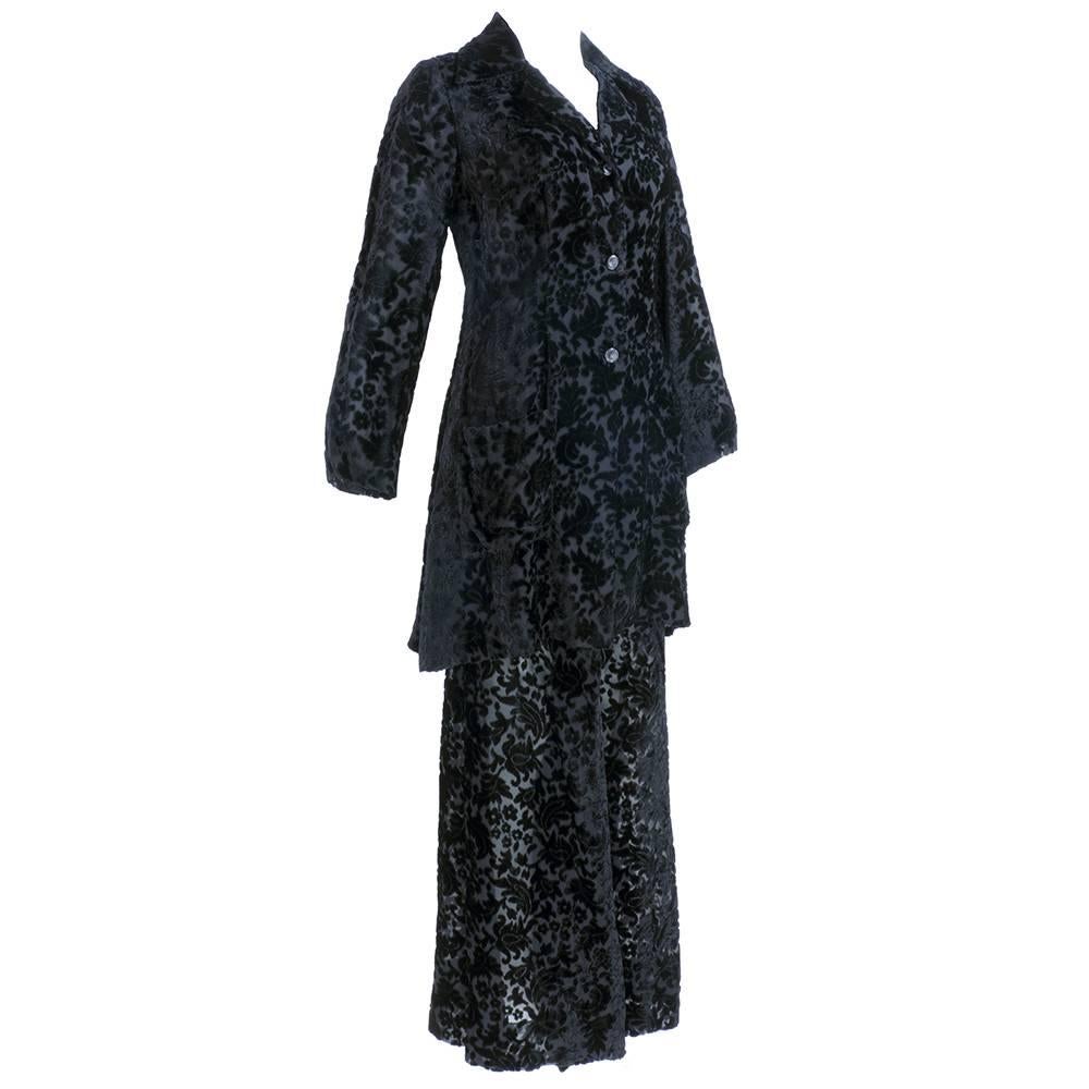 Thea Porter Couture 70s Sheer Black Velvet Pantsuit For Sale