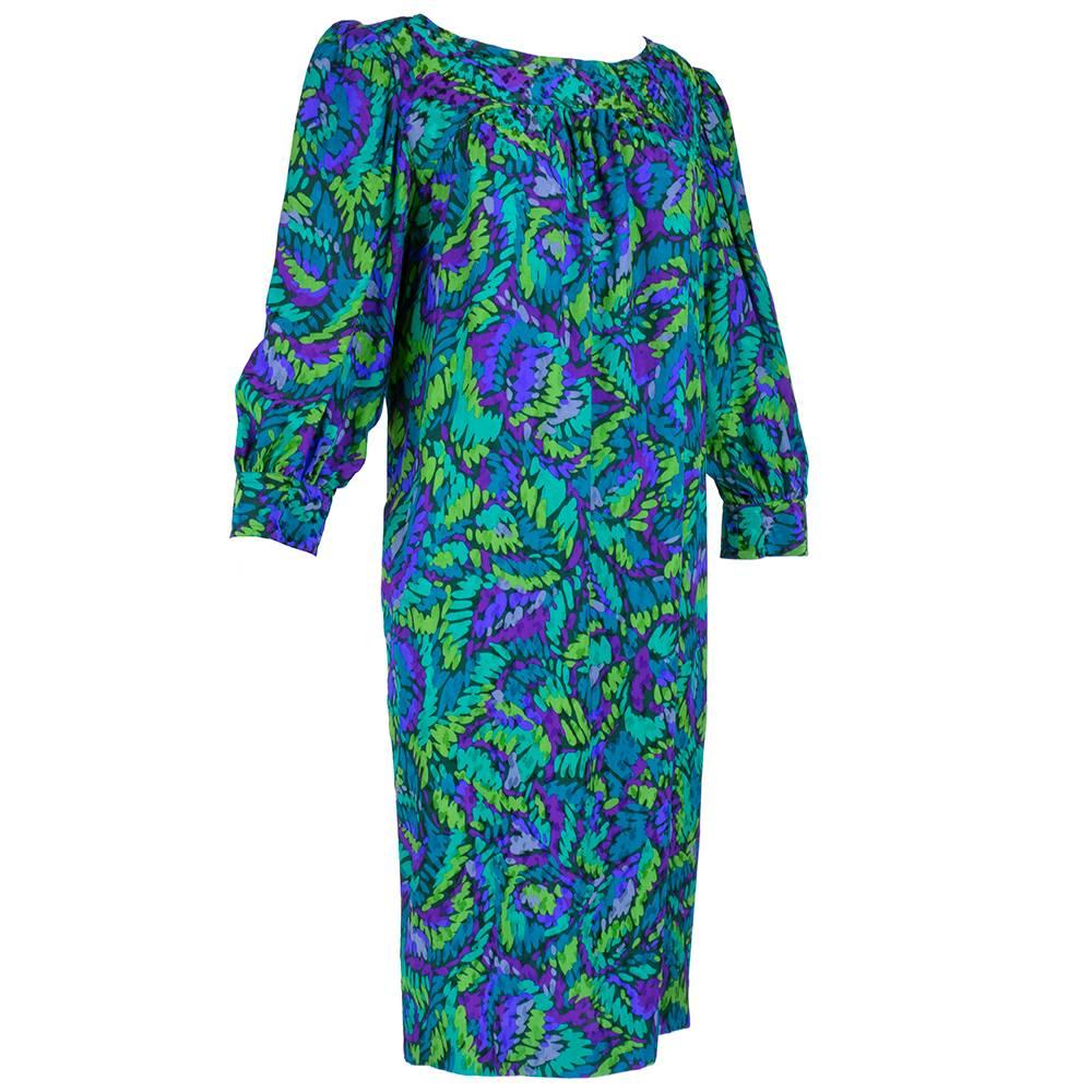 Saint Laurent Rive Gauche 80s Silky Abstract Print Dress For Sale