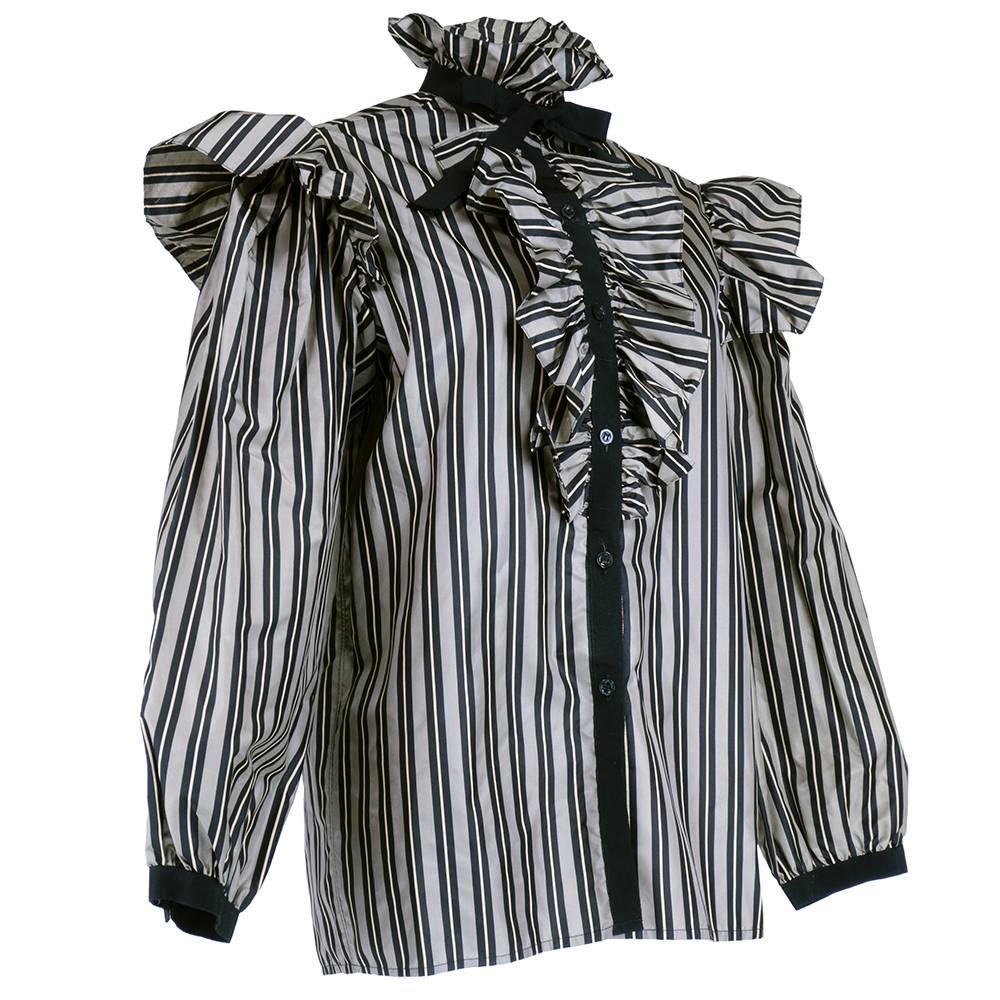 Black Saint Laurent Rive Gauche Ruffled and Striped Silk Taffeta Blouse