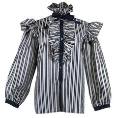 Saint Laurent Rive Gauche Ruffled and Striped Silk Taffeta Blouse 11