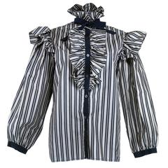 Saint Laurent Rive Gauche Ruffled and Striped Silk Taffeta Blouse