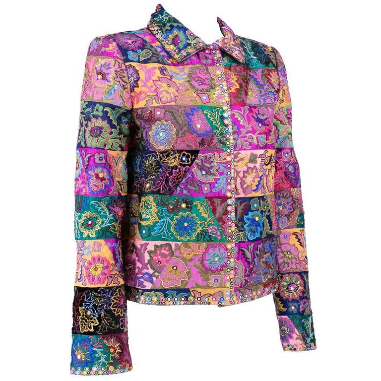 Oscar de la Renta Embellished Silk Patchwork Jacket For Sale at 1stDibs
