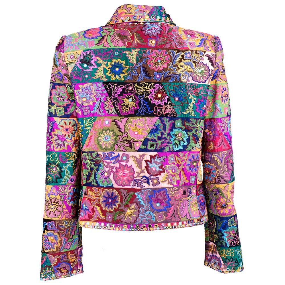 Brown Oscar de la Renta Embellished Silk Patchwork Jacket For Sale