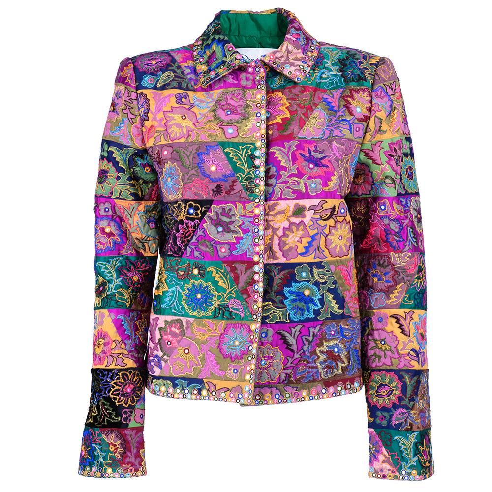Oscar de la Renta Embellished Silk Patchwork Jacket For Sale