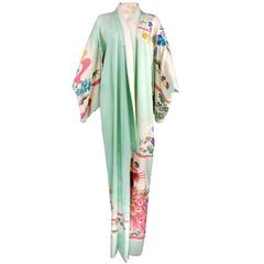 Japanese Jacquard Embroidered Pale Green  Kimono 
