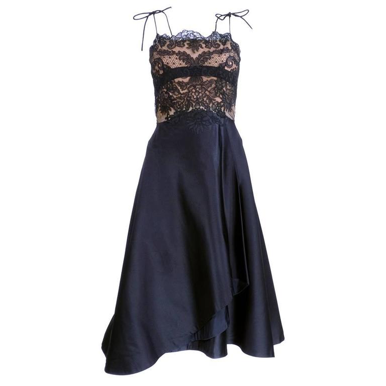 Irene 50s Black Peau de Soie and Lace Cocktail Dress For Sale at 1stDibs