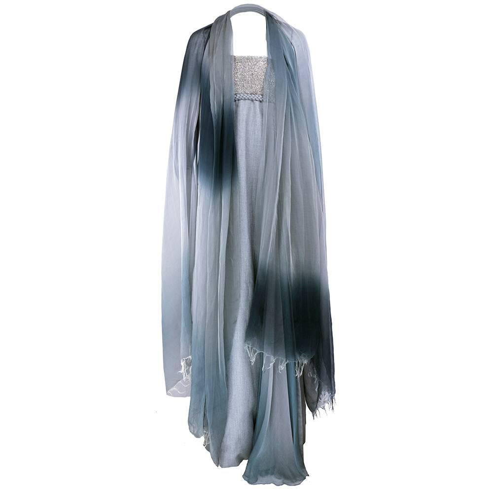 Gray Chado Ralph Rucci Grey Silk Wool And Chiffon Strapless Gown with Wrap For Sale