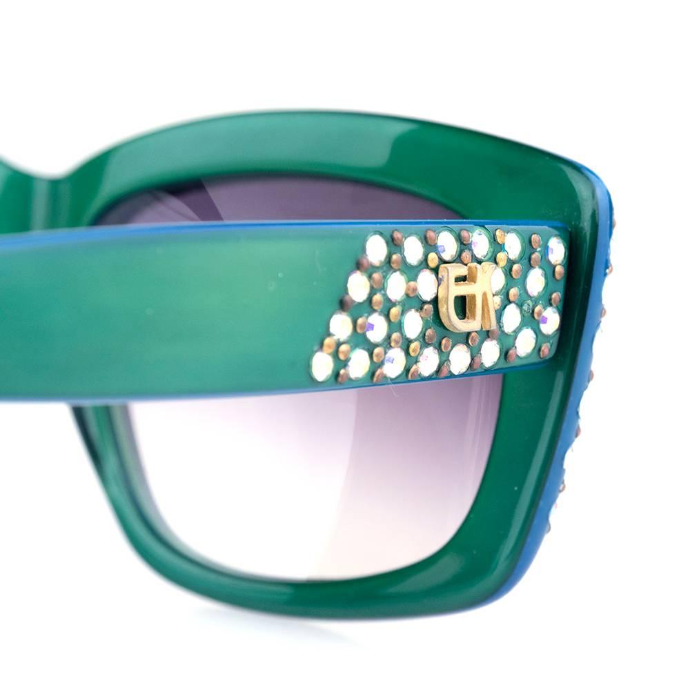 Emmanuelle Khanh 80s Iconic Green Rhinestone Encrusted Sunglasses In Excellent Condition For Sale In Los Angeles, CA