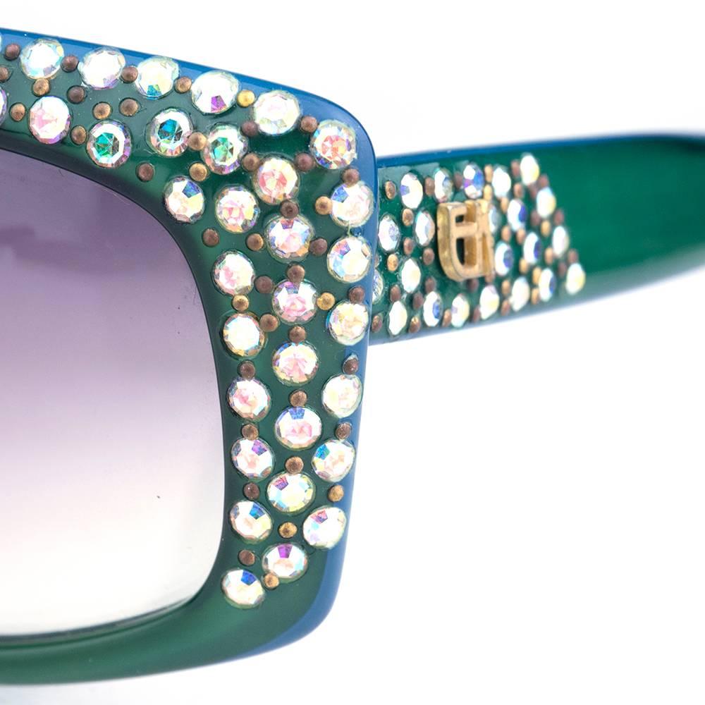 Women's or Men's Emmanuelle Khanh 80s Iconic Green Rhinestone Encrusted Sunglasses For Sale