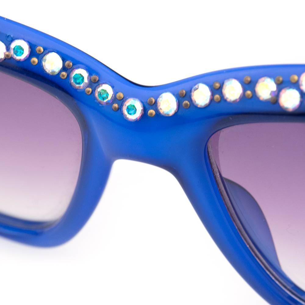 Emmanuelle Khanh 80s Iconic Blue Rhinestone Encrusted Sunglasses In Excellent Condition In Los Angeles, CA