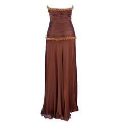 Odicini Couture 80s Brown Chiffon Strapless Gown