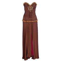 Vintage Odicini Couture 80s Brown Chiffon Strapless Gown