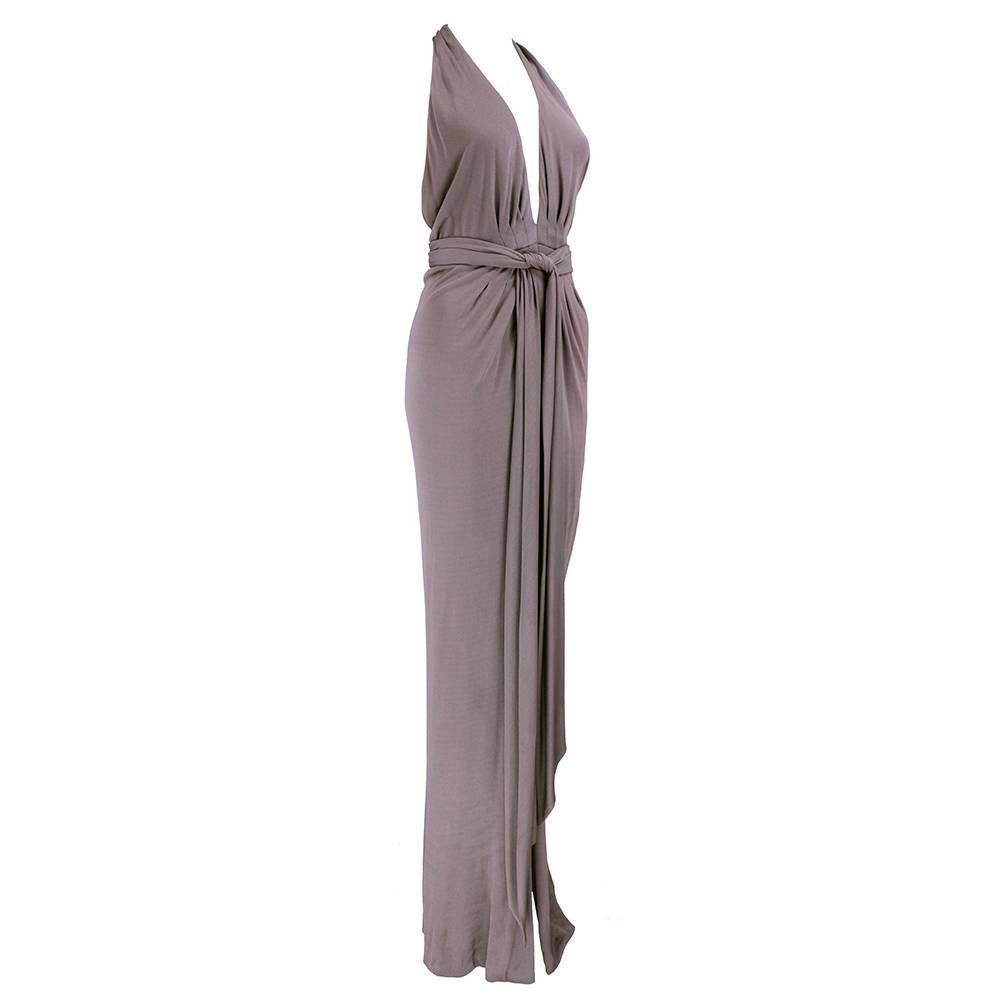 Bill Blass 70s Taupe Jersey halter Gown with Wrap