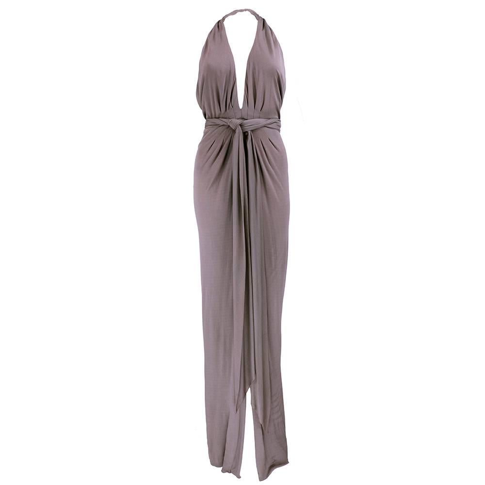 Gray Bill Blass 70s Taupe Jersey halter Gown with Wrap
