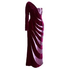 Sarli 90s Burgundy Velvet One Shoulder Gown