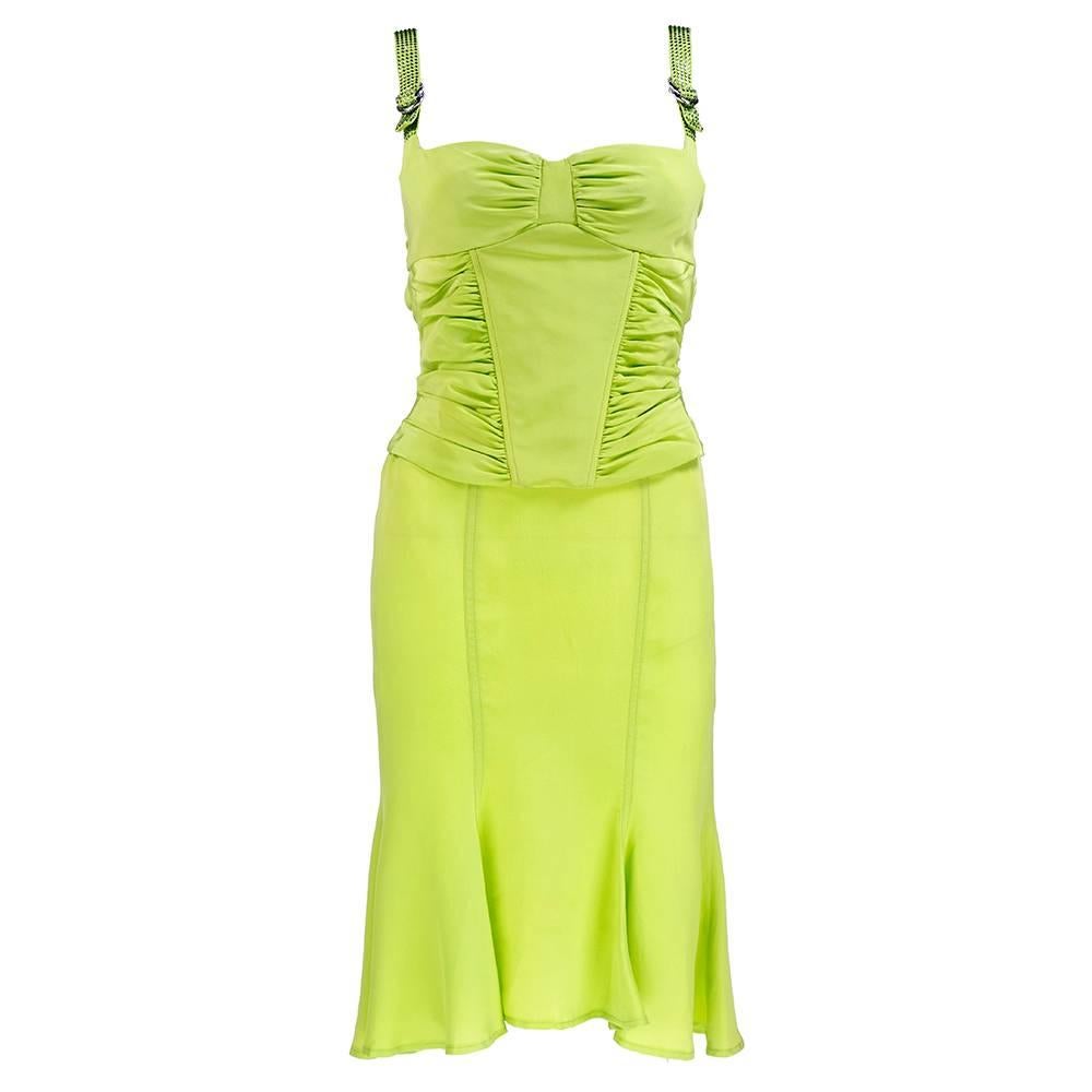 Versace 90s Chartreuse Silk Ensemble with Rhinestones